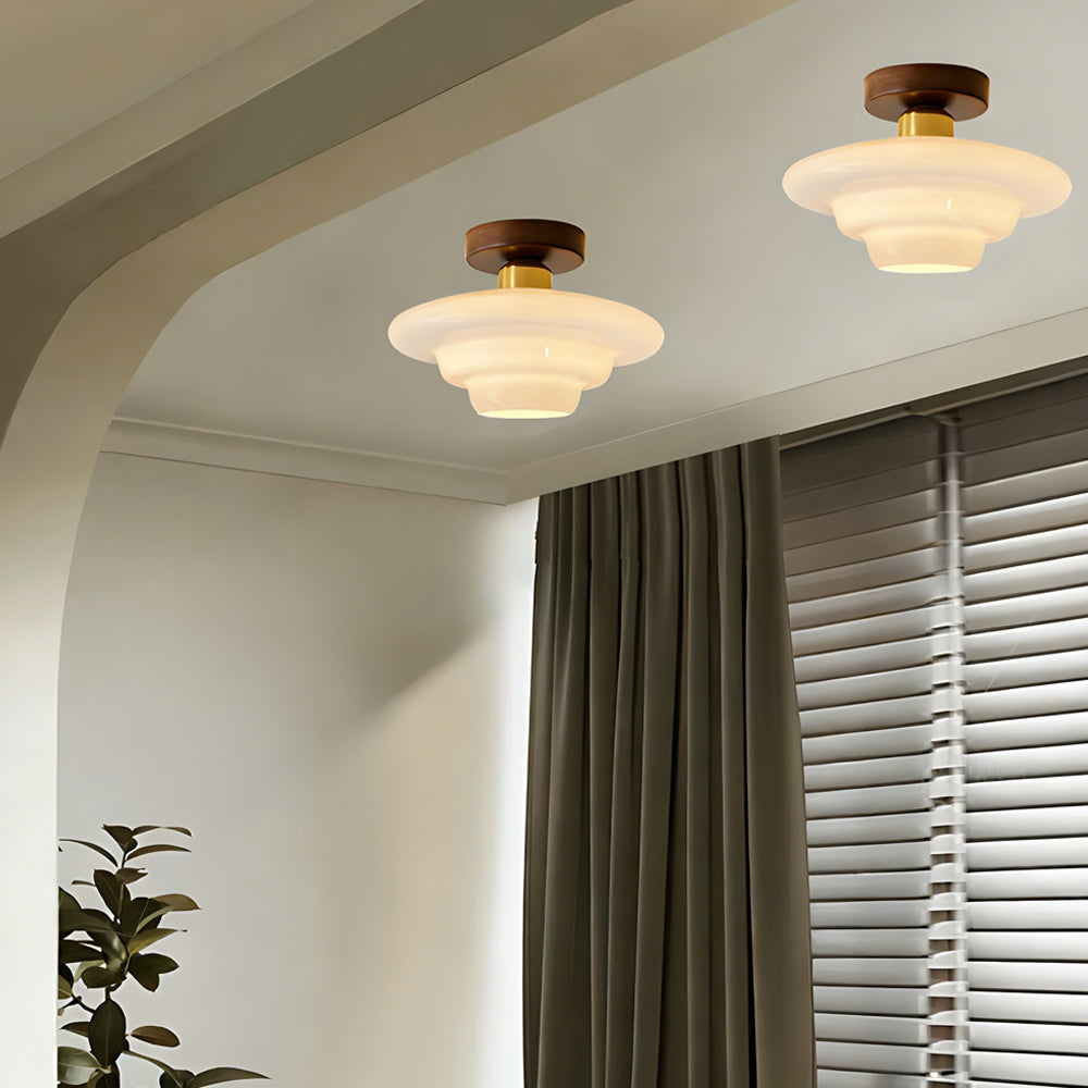 Plafondlamp van walnoothout en glas, Scandinavische stijl E27 - foto 2