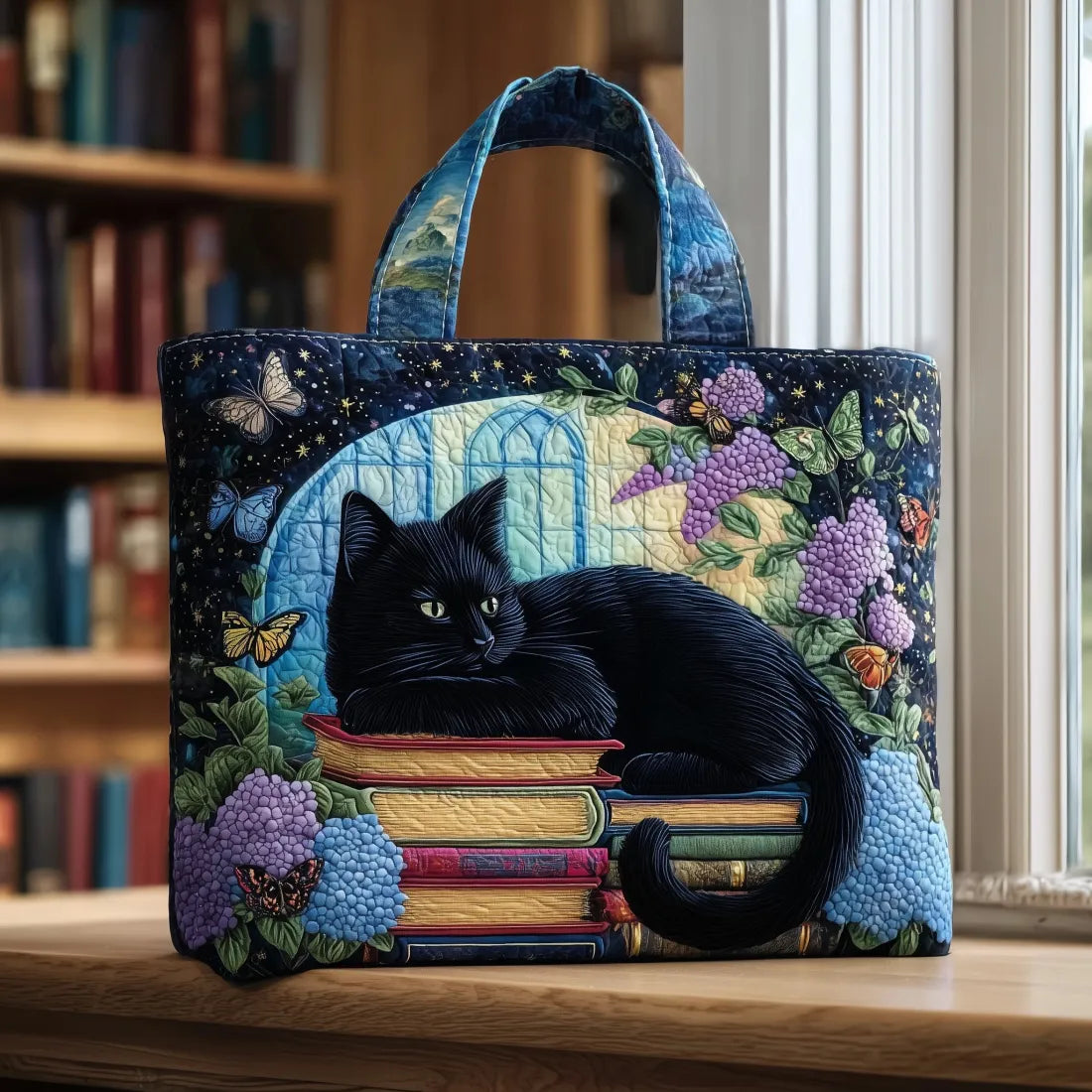 Gewatteerde shopper met zwarte kat zittend op boeken