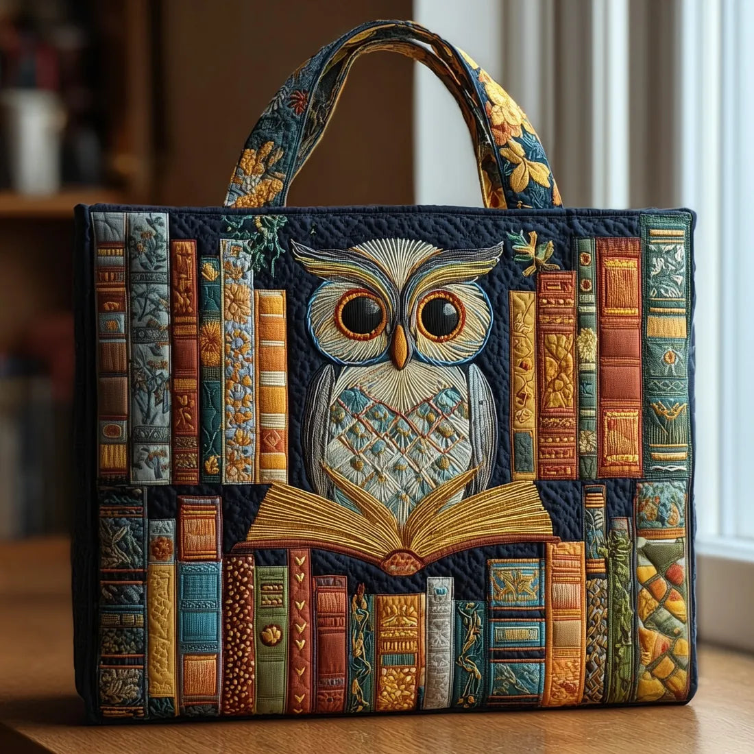Gewatteerde shopper met uil tussen oude boeken