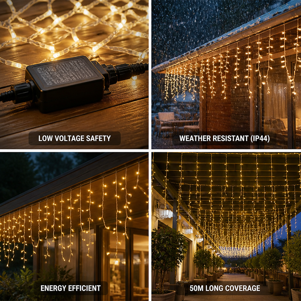Wetterfeste LED-Eiszapfen-Lichterkette mit Niederspannung (50 m)