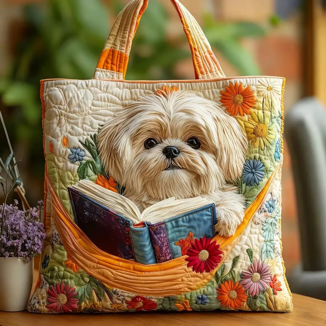 Gewatteerde shopper met shih tzu, boeken en bloemen