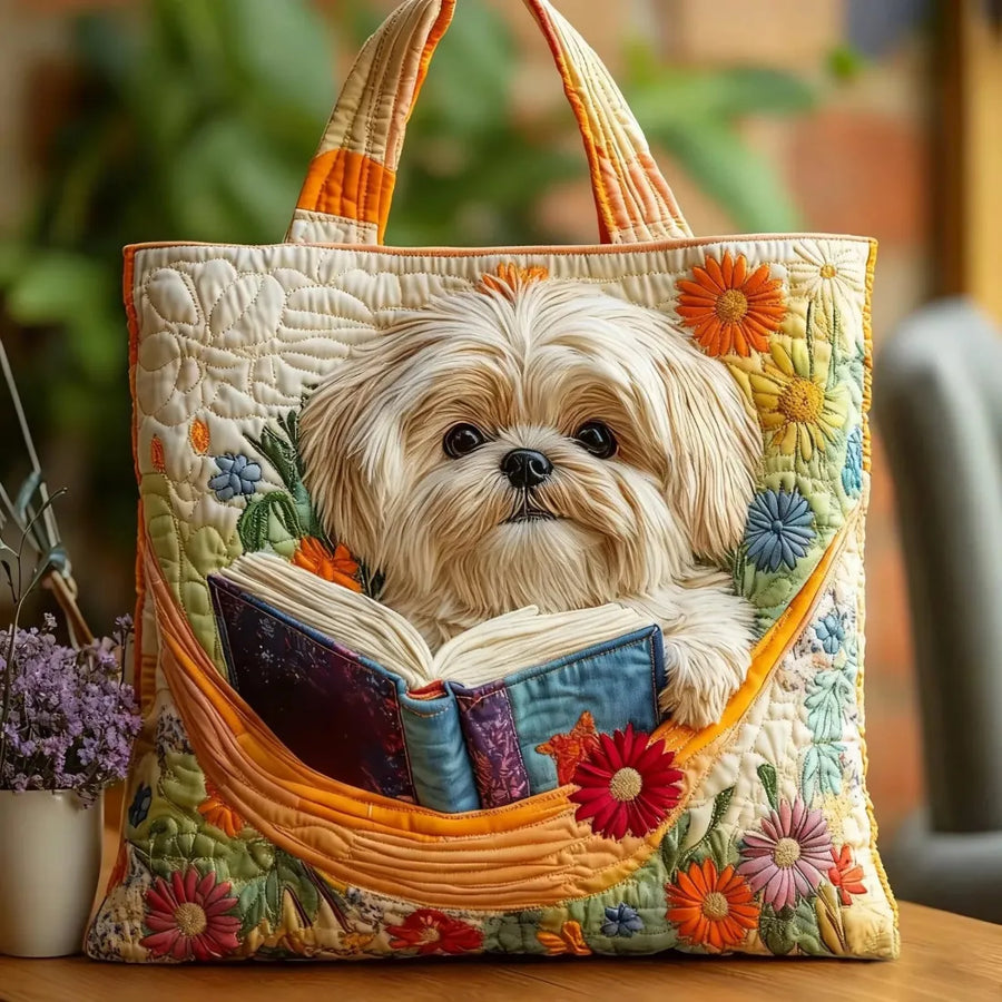 Gewatteerde shopper met shih tzu, boeken en bloemen