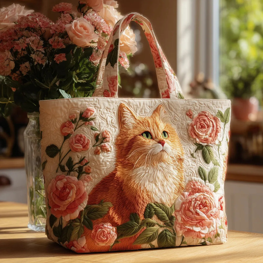 Gewatteerde shopper met rode kat tussen rozen