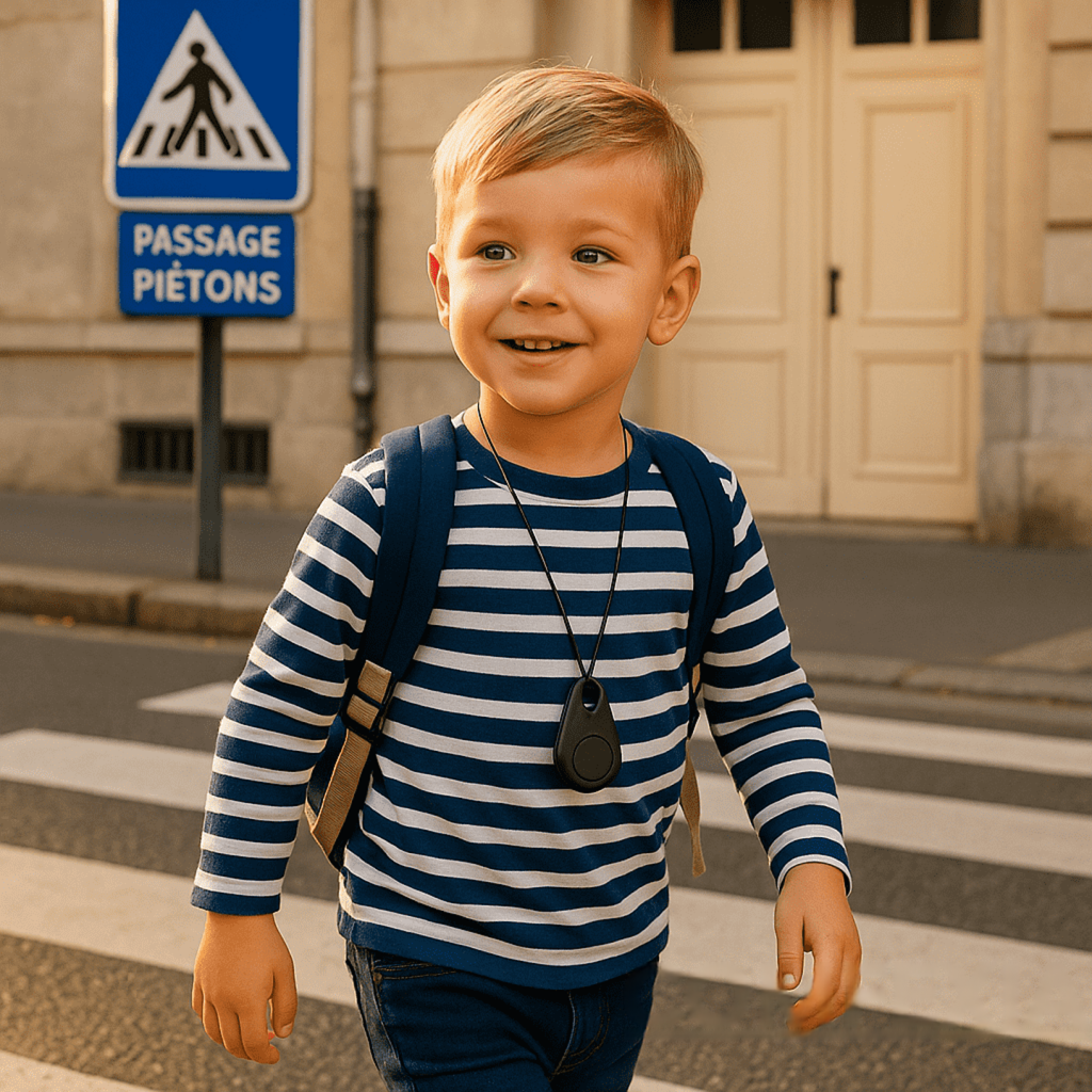 Kleine GPS-tracker voor kinderen aan een tas