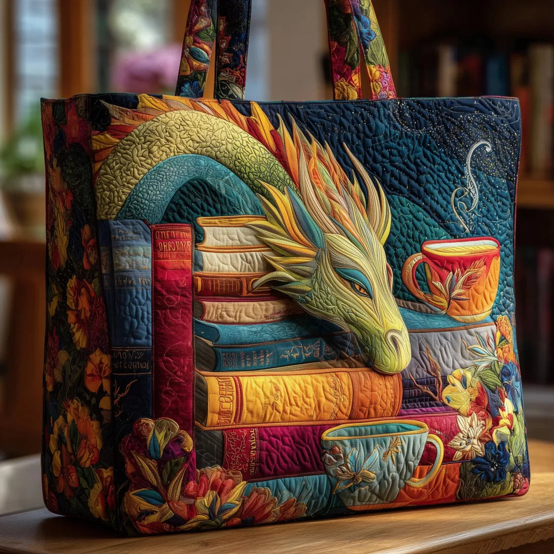 Gewatteerde shopper met lezende draak, boeken en kopjes