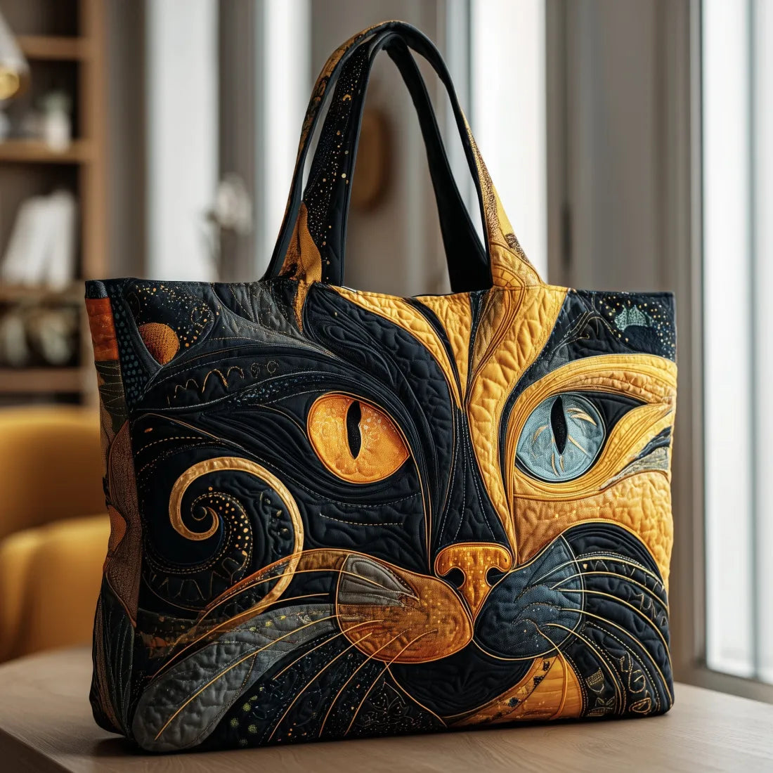 Gewatteerde shopper met print van een mystieke kat