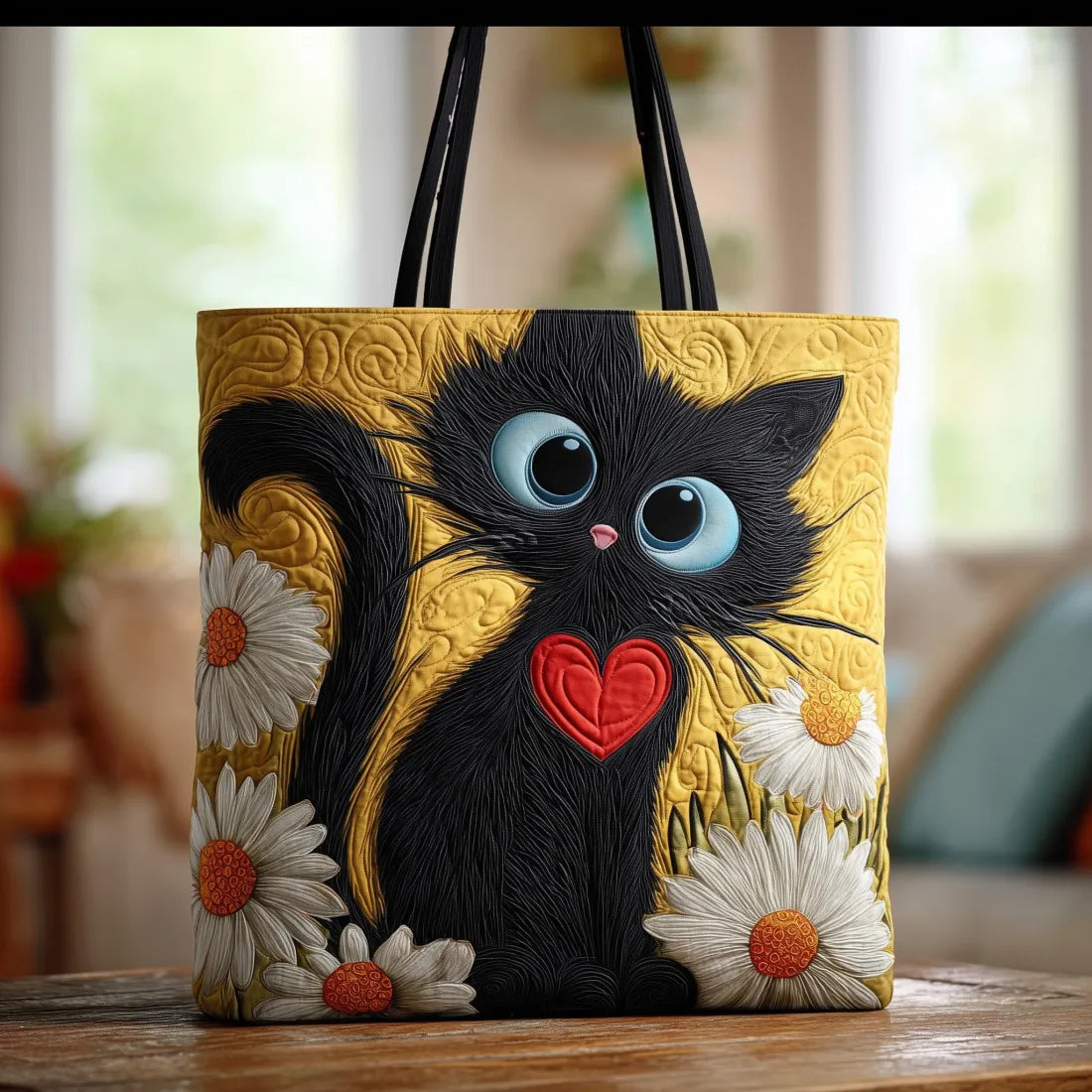 Gewatteerde shopper met zwarte kat tussen madeliefjes