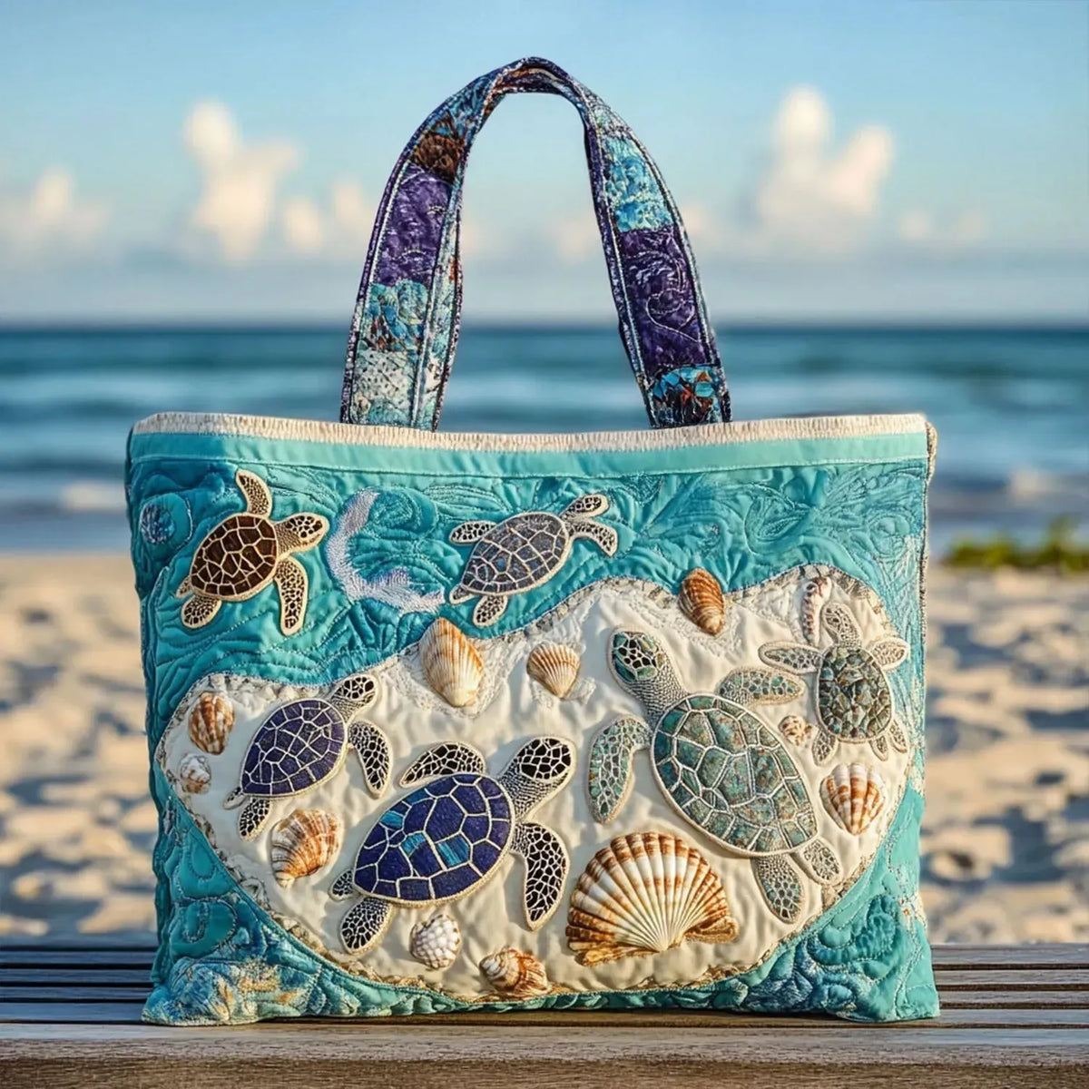 Gewatteerde shopper met print van twee verliefde schildpadden