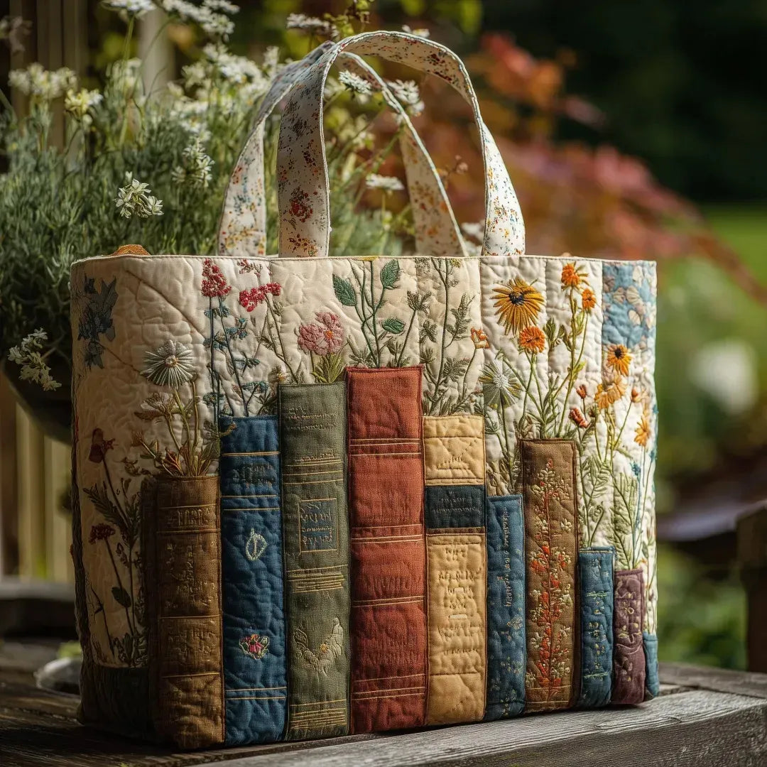 Gewatteerde shopper met print van boeken en bloemen