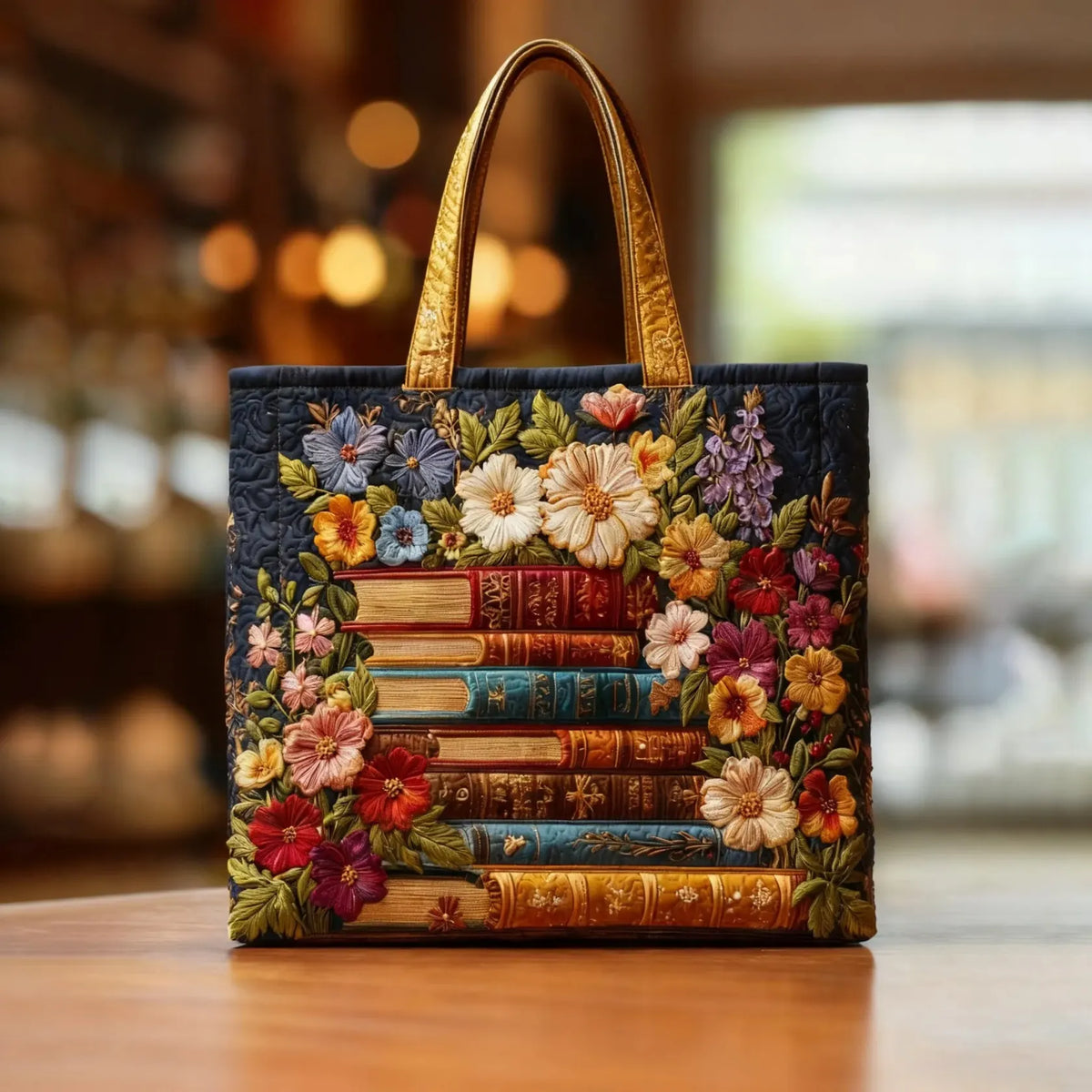 Gewatteerde shopper met print van bloemen en boeken
