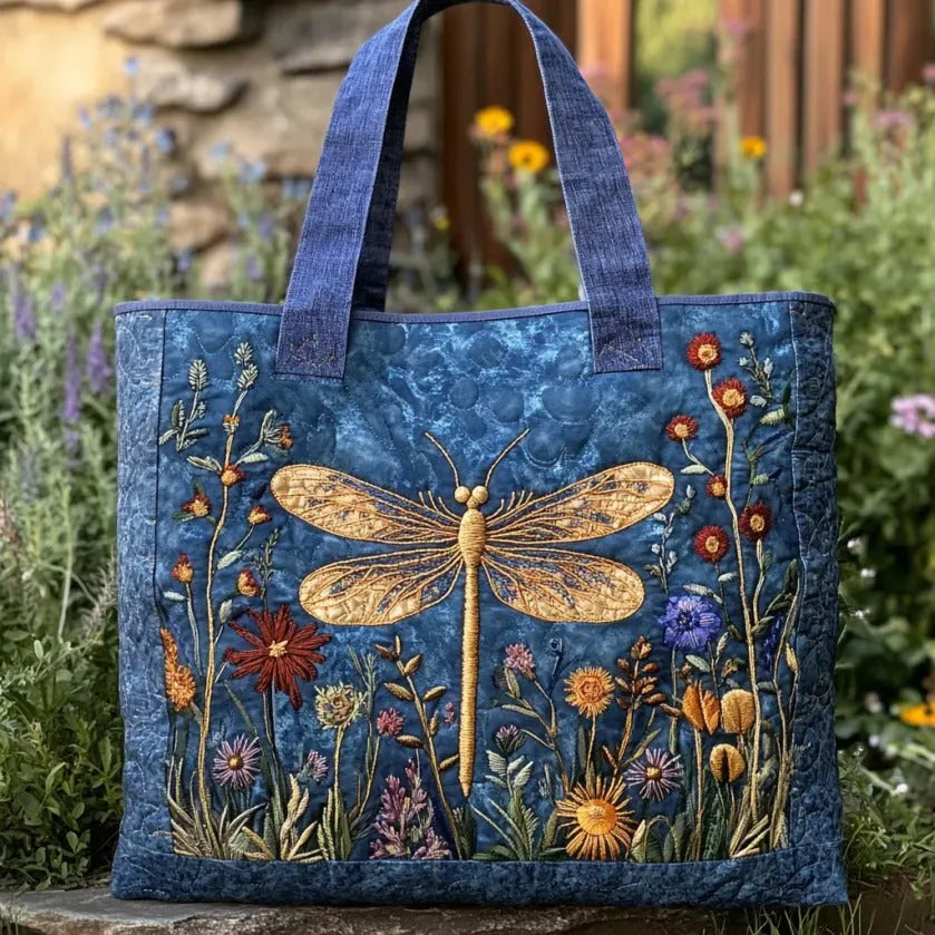 Gewatteerde shopper met gouden libelle tussen bloemen