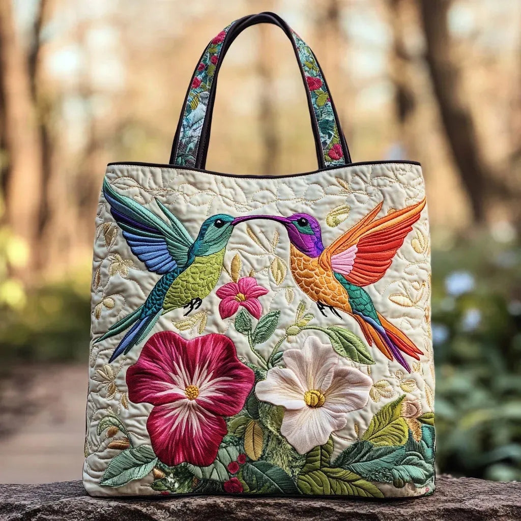 Gewatteerde shopper met kolibrie tussen witte bloemen