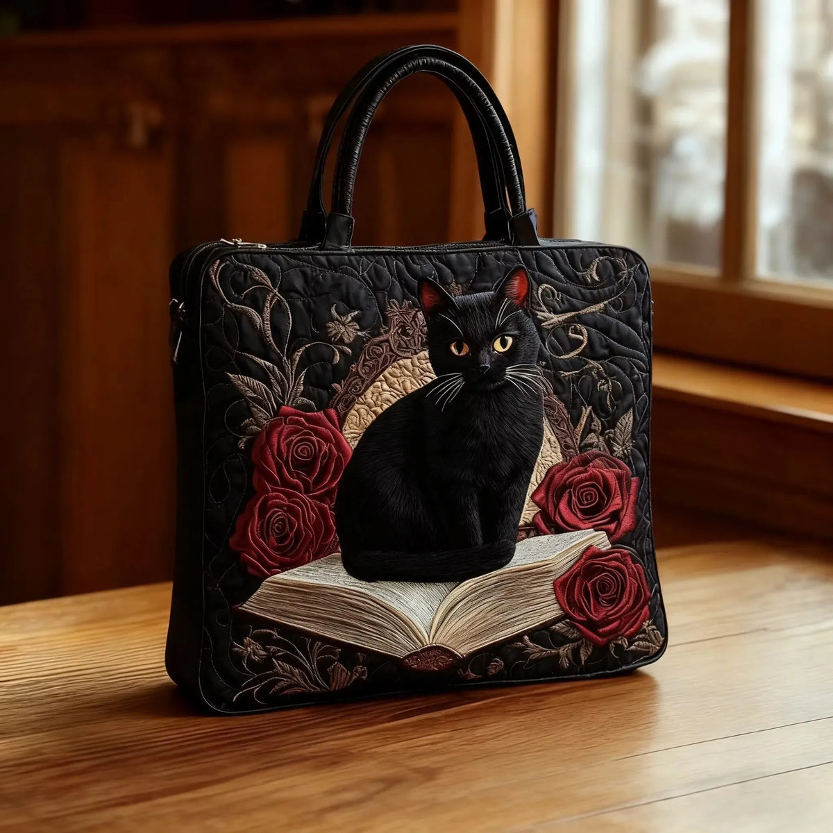 Gewatteerde shopper met zwarte kat op een boekenstapel