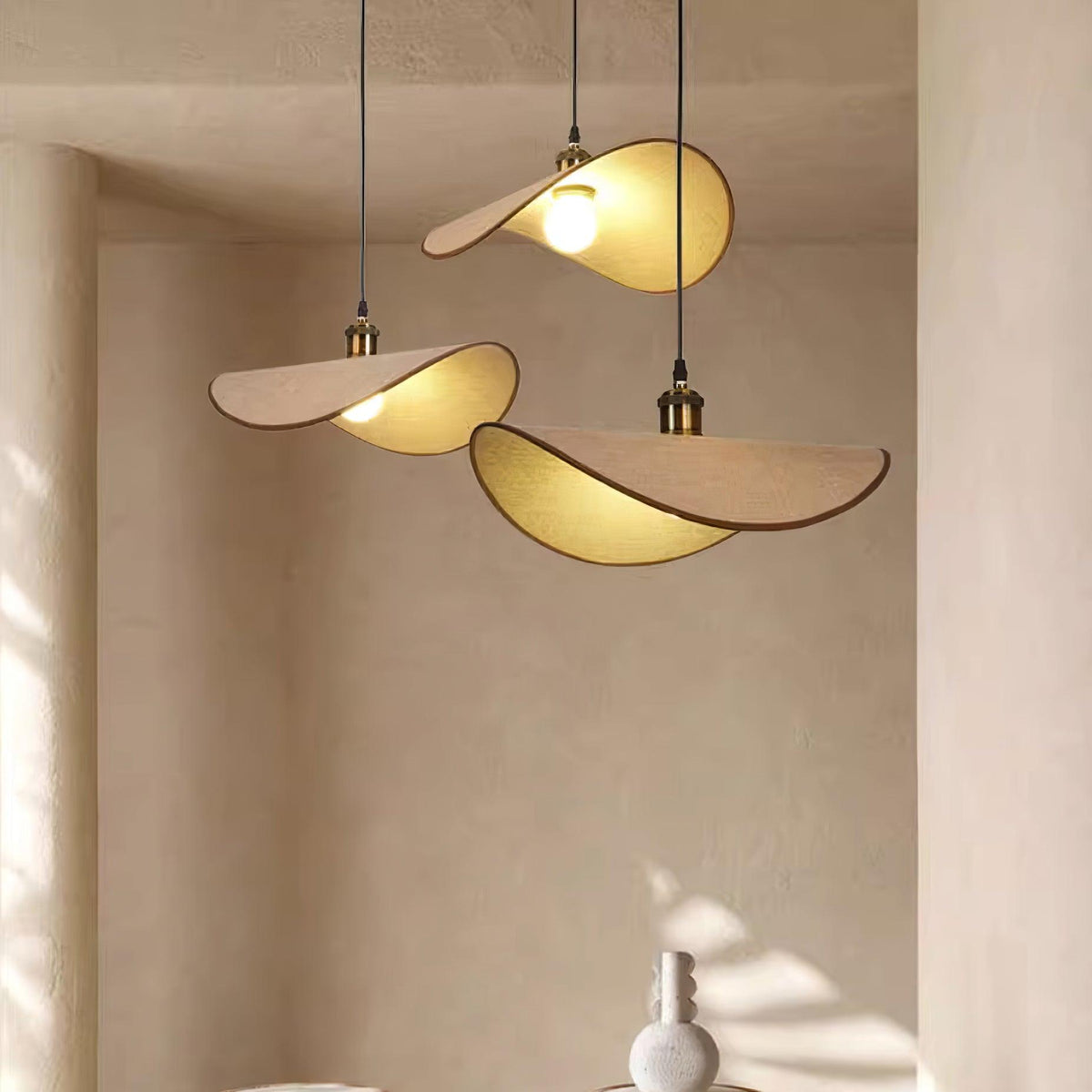 Hanglamp met linnen kap en hout - foto 11