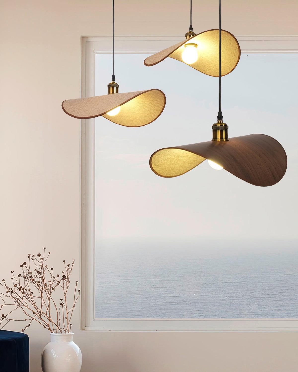 Hanglamp met linnen kap en hout - foto 13