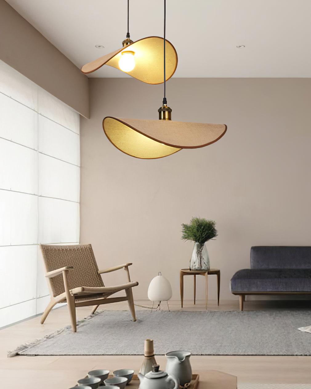 Hanglamp met linnen kap en hout - foto 16
