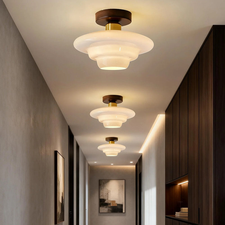 Plafondlamp van walnoothout en glas, Scandinavische stijl E27 - foto 3