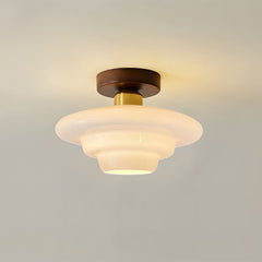 Plafondlamp van walnoot hout met glazen kap