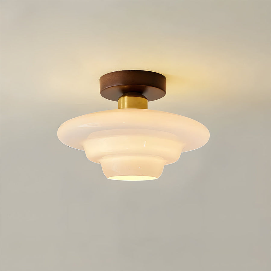 Plafondlamp van walnoot hout met glazen kap