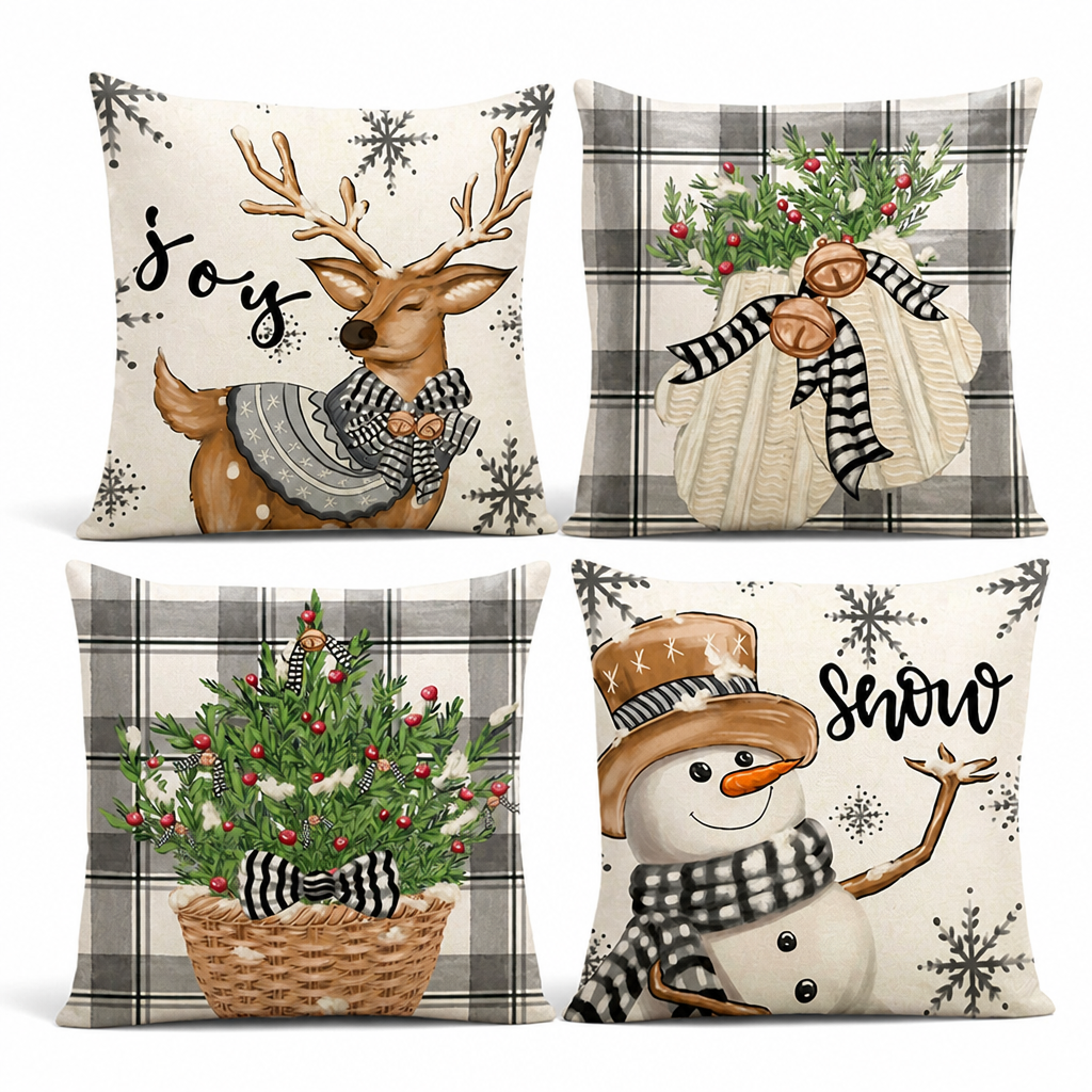 Levendige, kleurvaste kussenhoes met sneeuwman- en rendiermotief (geschikt voor 45x45 cm)