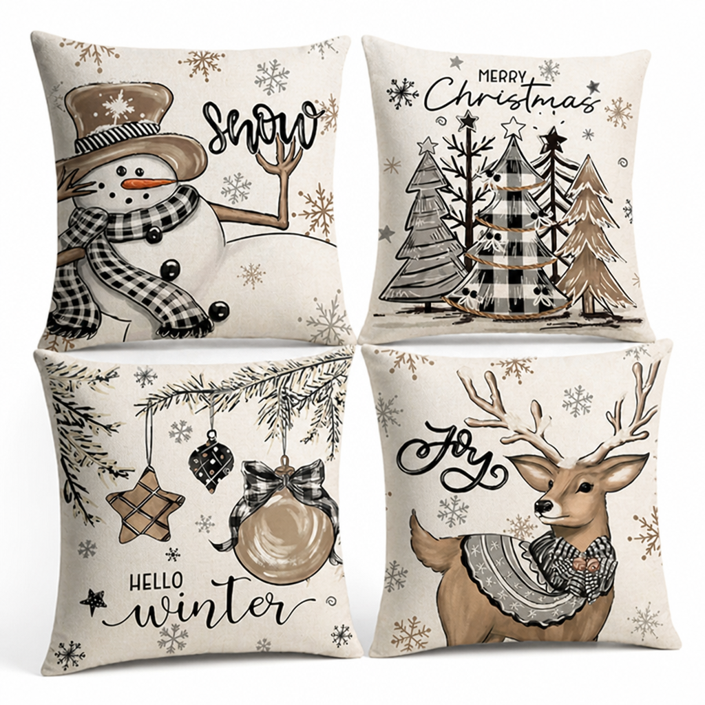 Levendige, kleurvaste kussenhoes met sneeuwman- en rendiermotief (geschikt voor 45x45 cm)