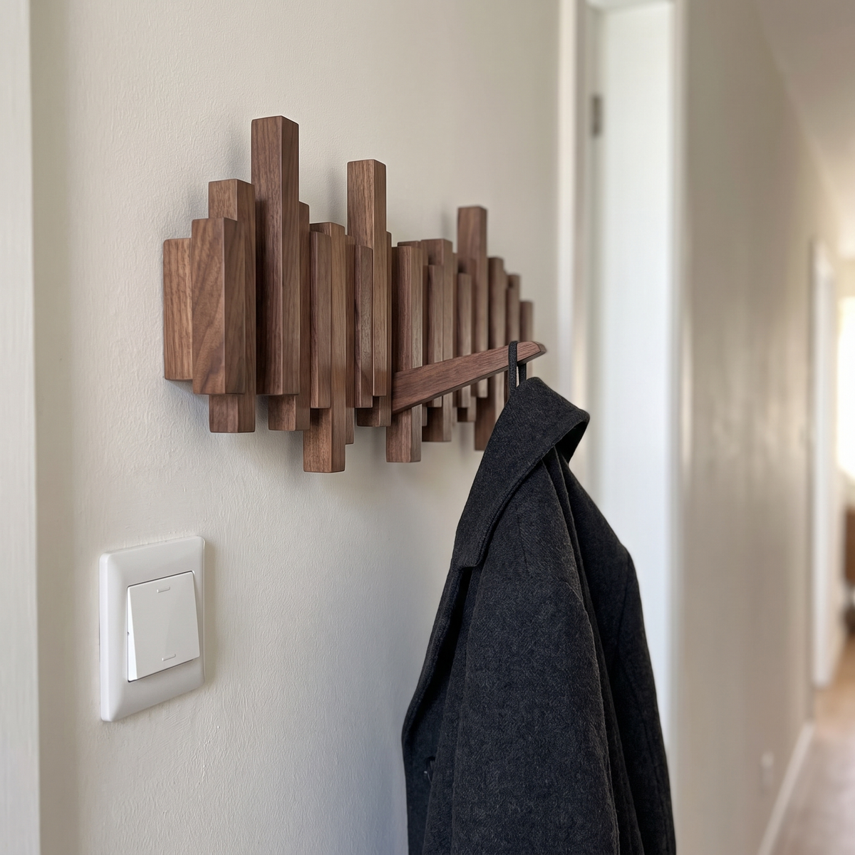 Houten kapstoklat met inklapbare haken aan de wand